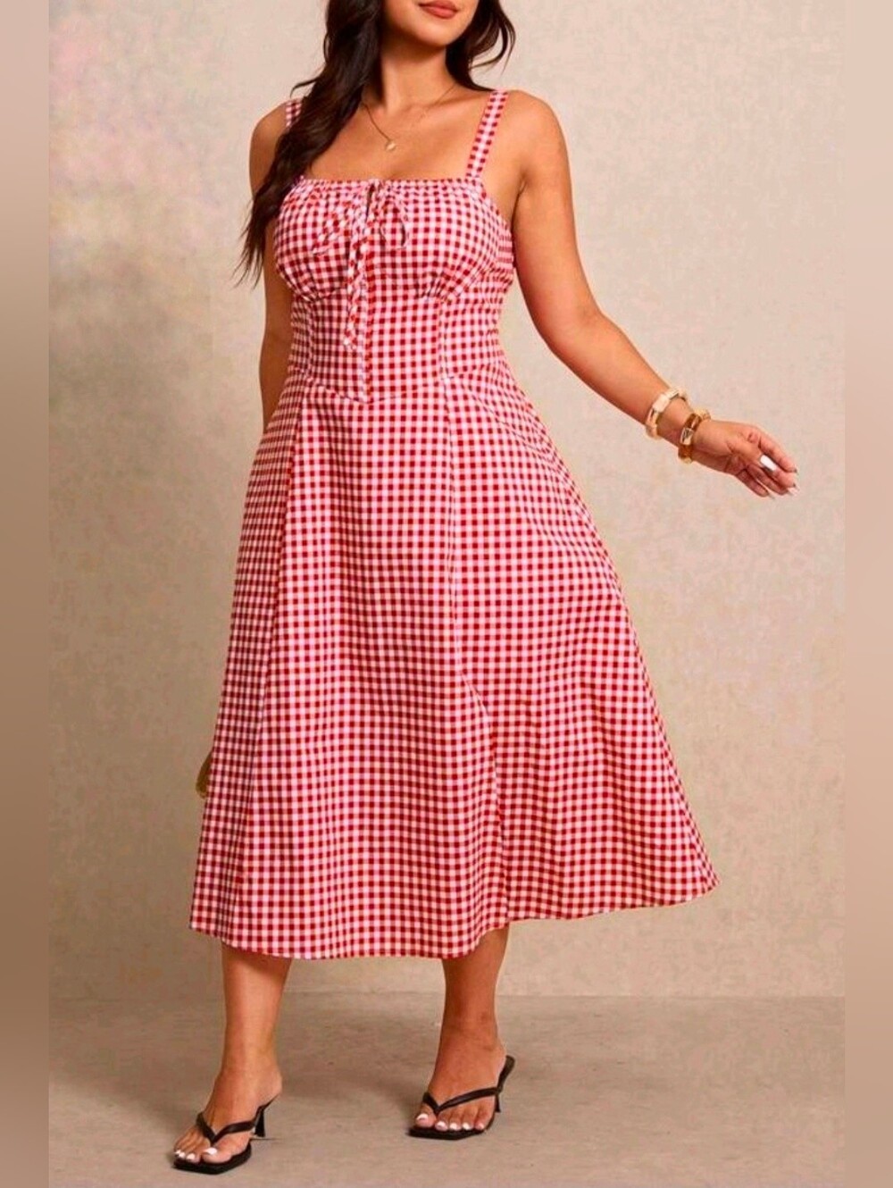New Gingham Lace Up Back A Line Midi Dress PLUS Red White - Picture 8 of 11